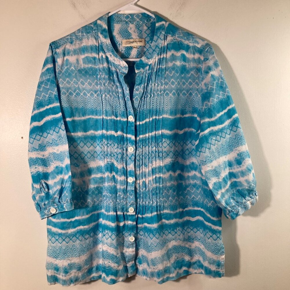 Womens Jones New York Linen Pleat Front Button Tunic Blue White XL Linen 3/4 Sle